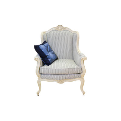 Classic Wing Back Chair with Wooden Carved and Strip Fabric Upholstery