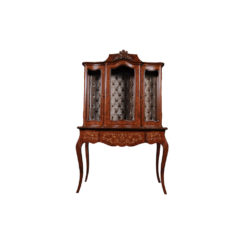Ekaterina Hand Carved Antique French Style Display Cabinet with Three Doors and Tufted Fabric A