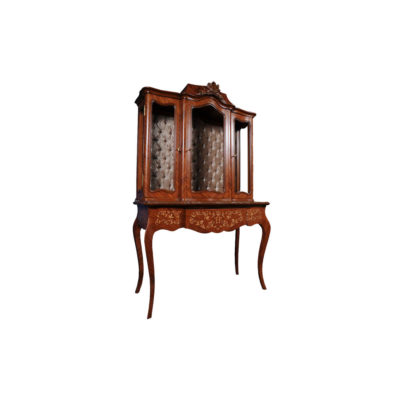 Ekaterina Hand Carved Antique French Style Display Cabinet with Three Doors and Tufted Fabric Side B