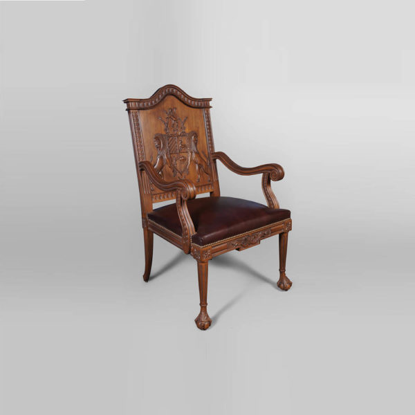 English Armchair with Hand Carved Englanderline Wooden Detailed and Upholstery Natural Leather A