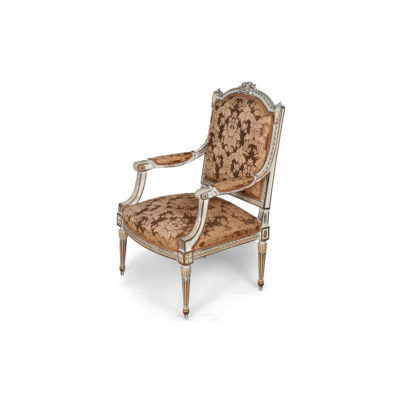 French Distressed Painted Armchair with Wooden Hand Carved and Luxury Upholstery Fabric Side B