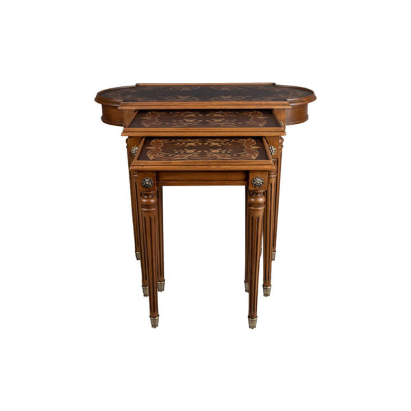 French Marquetry Nest Side Table Front View Dark