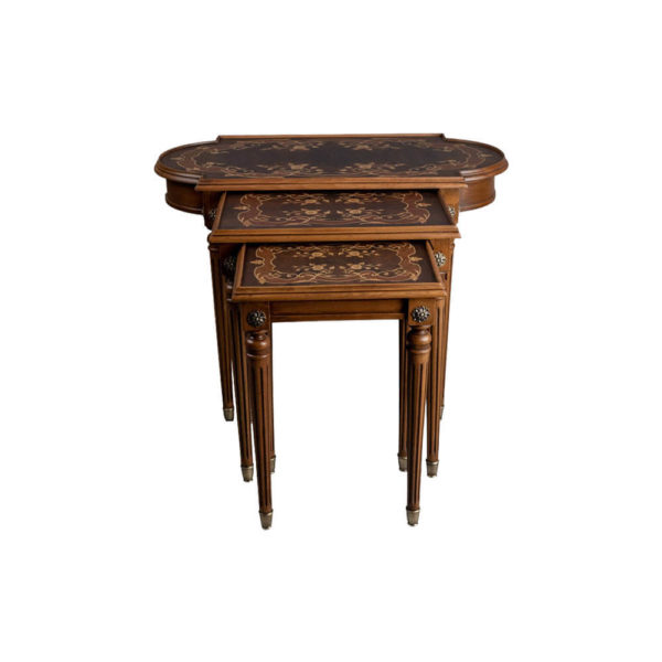 French Marquetry Nest Side Table Top View Dark