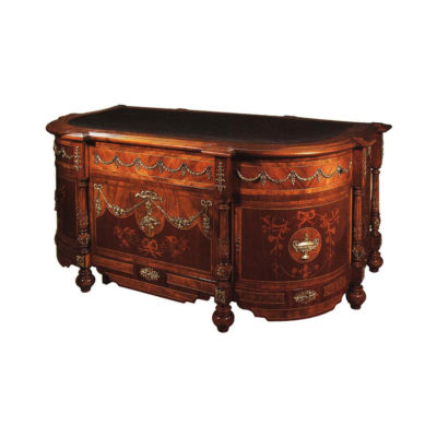 French Presidential Desk Round Corners with Hand Carved wood Detailed and Brass Ornament A