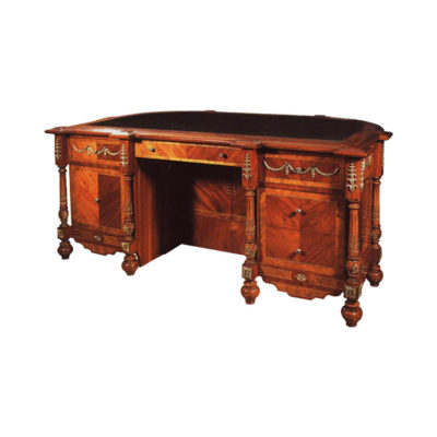 French Presidential Desk Round Corners with Hand Carved wood Detailed and Brass Ornament Side B