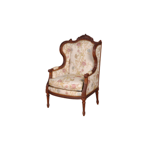 French Style Wing Back Armchair with Hand Carved Wood