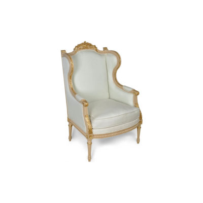 French Style Wing Back Armchair with Hand Carved Wood Details