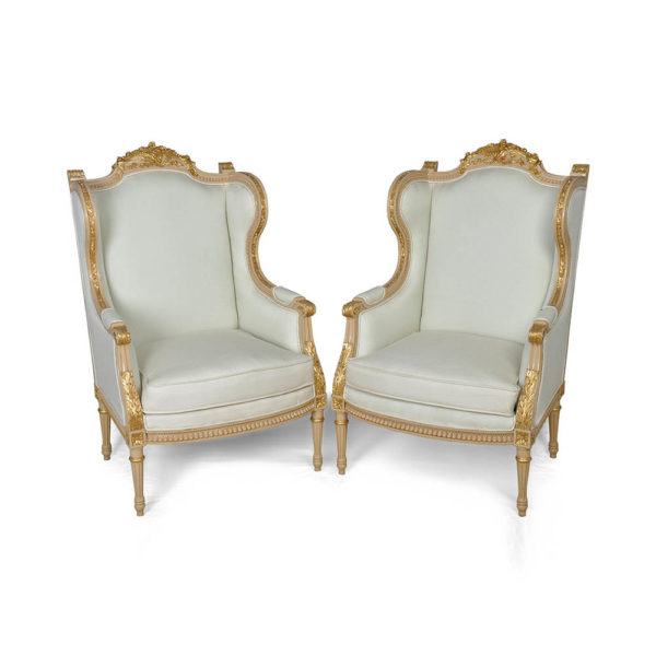 French Style Wing Back Armchair with Hand Carved Wood Gold Set