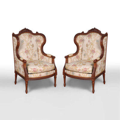 French Style Wing Back Armchair with Hand Carved Wood Set