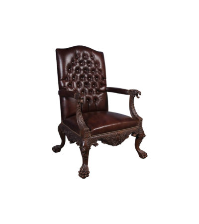 Genuine Lion Carved Arm Chair with Tufted Leather
