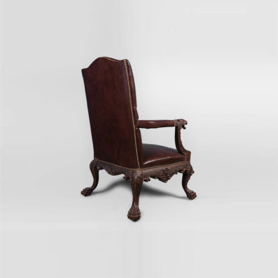 Genuine Lion Carved Arm Chair with Tufted Leather Back