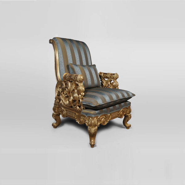 Gilded French Armchair with Hand Carved Wood and Luxury Upholstery