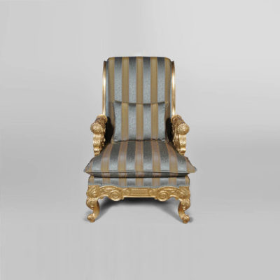 Gilded French Armchair with Hand Carved Wood and Luxury Upholstery Front