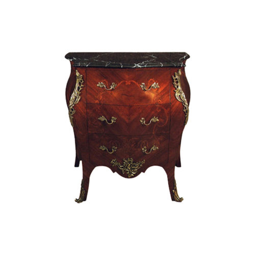 French Chest of 3 Drawers with Marble Top Hand Carved Marquetry Veneer Inlay and Brass Ornament