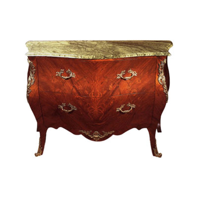 French Marble Top Chest of 2 Drawers with Hand Carved Marquetry and Brass Ornament