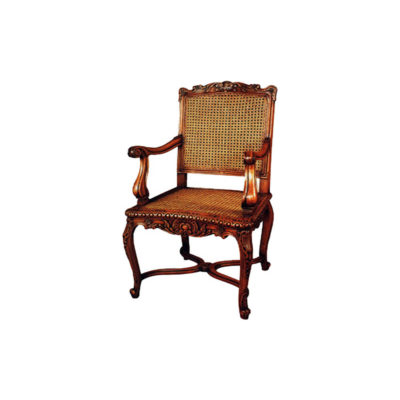 French Rattan Armchair with Hand Carved Wood