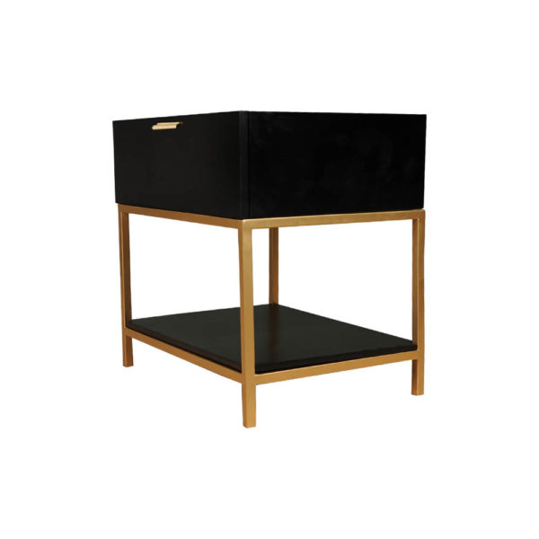 Alania Black Bedside Table with Shelf and Drawer Left Side View