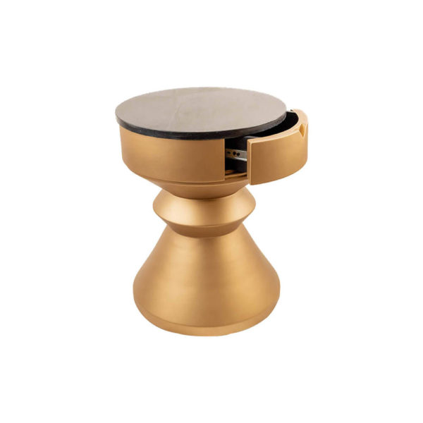 Bishop Round Gold Bedside Table with Drawer Side View