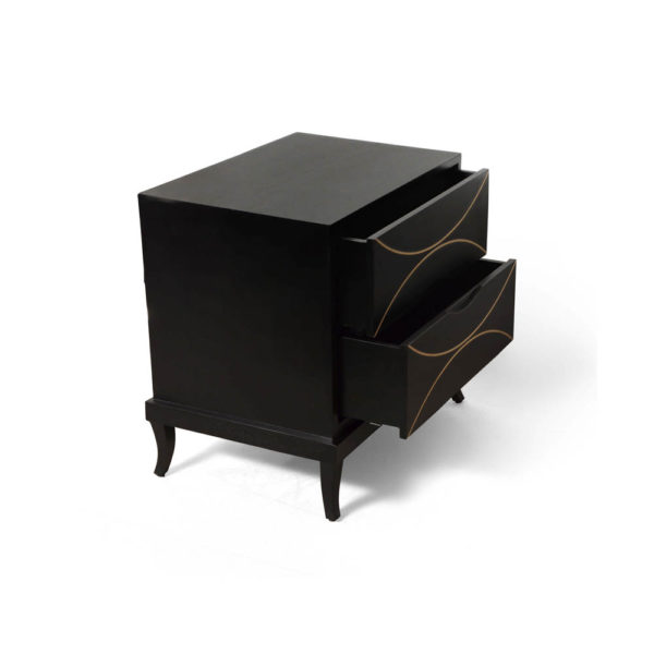 Blair Dark Brown 2 Drawer Bedside Table with Brass Inlay Open Drawers Side View