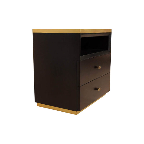 Manu Dark Brown Bedside Table with Drawer and Shelf Beside View