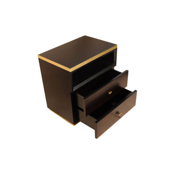 Manu Dark Brown Bedside Table with Drawer and Shelf Open Drawers