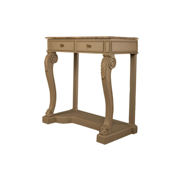 Adalia Wood Beige Two Drawer Console Table with Marble Top Beside View