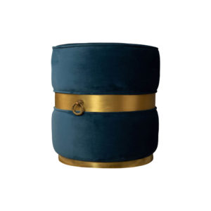 Saskia Upholstered Round Blue Velvet Pouf with Brass Inlay