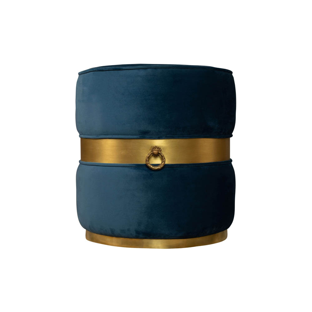 Saskia Upholstered Round Blue Velvet Pouf with Brass Inlay