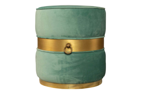 Saskia Upholstered Round Turquoise Velvet Pouf with Brass Inlay