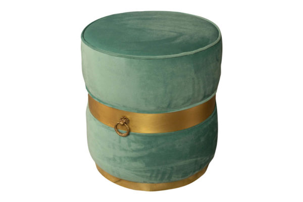 Saskia Upholstered Round Turquoise Velvet Pouf with Brass Inlay Top View