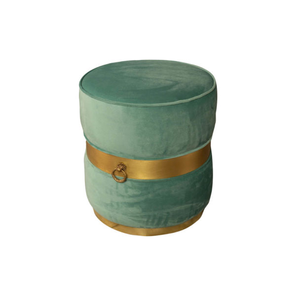 Saskia Upholstered Round Turquoise Velvet Pouf with Brass Inlay Top View