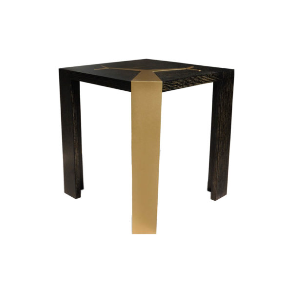 Tree Distressed Square Wood and Stainless Side Table Corner View