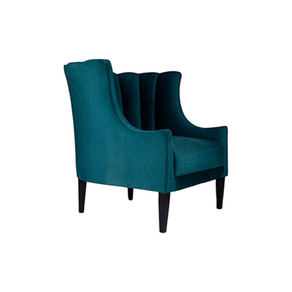 Georg Upholstered Blue Velvet Armchair with Round Back and Black Legs Side View