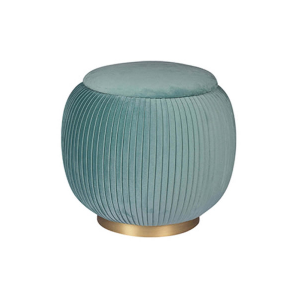 Rubi Upholstered Velvet Teal Pouf with Brass Base Front View