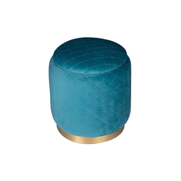 Velour Upholstered Turquoise Blue Pouffe With Brass Base Top