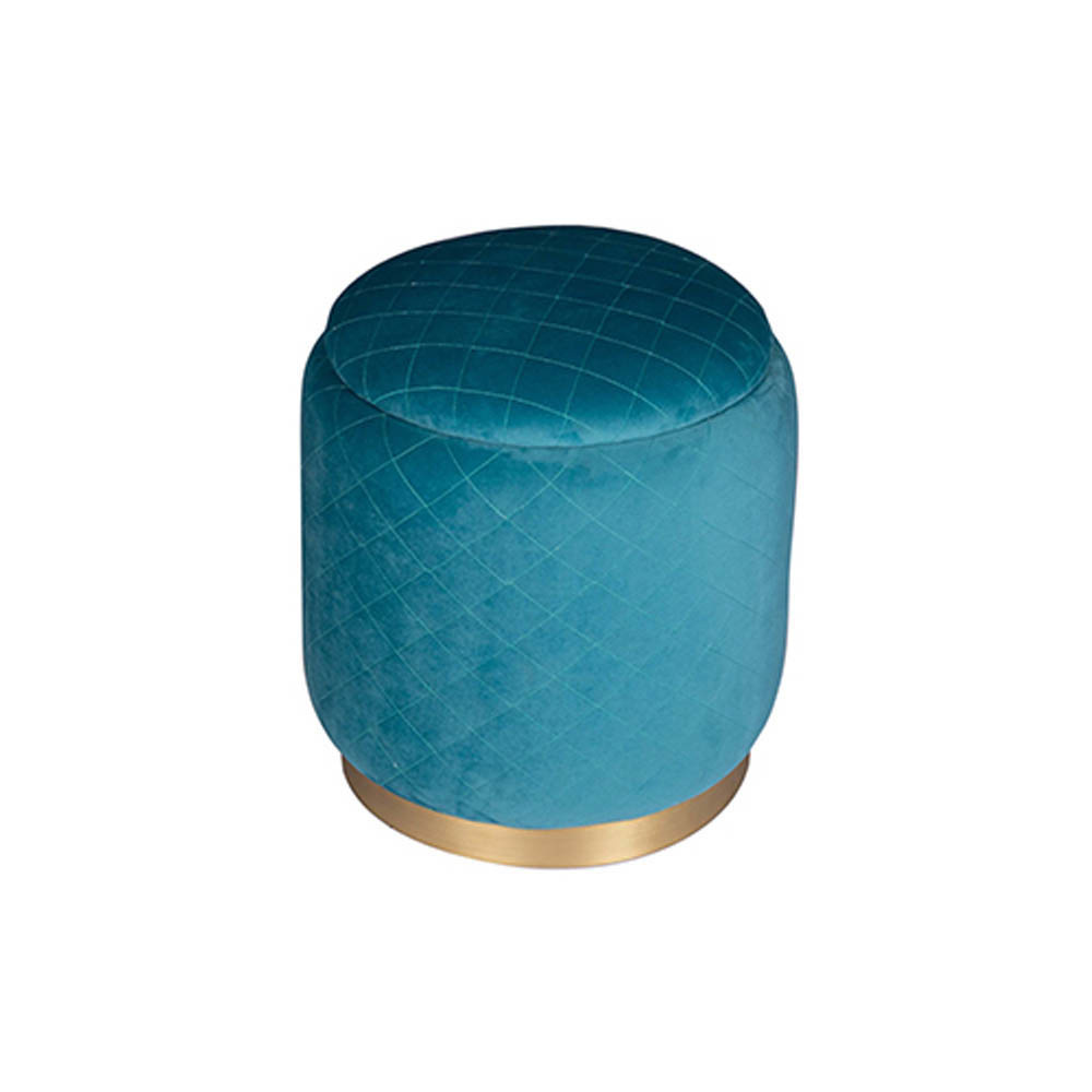 Velour Upholstered Turquoise Blue Pouffe With Brass Base Top