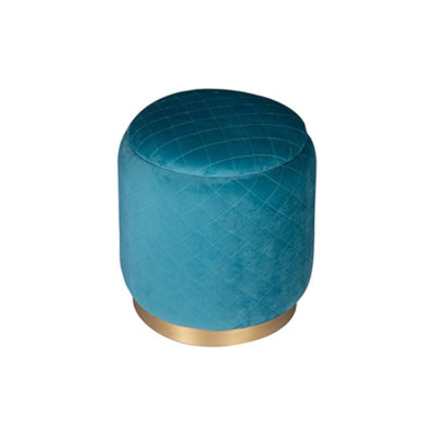 Velour Upholstered Turquoise Blue Pouffe With Brass Base Top View