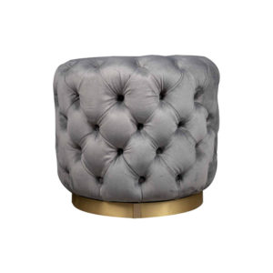 Boho Round Buttoned Taupe Pouf with Brass Base