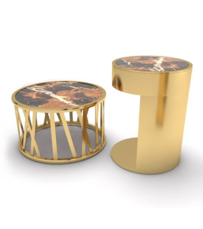 Drum Marble and Brass Side Table Set Of 2 A