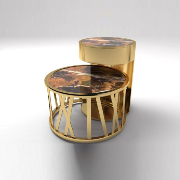 Drum Marble and Brass Side Table Set Of 2 B