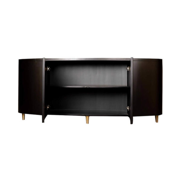 Nathan Oval Dark Brown Sideboard with Brass Inlay Open Doors and shelf
