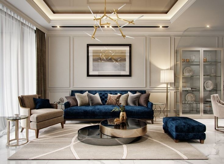 living room with luxury blue velvet sofa