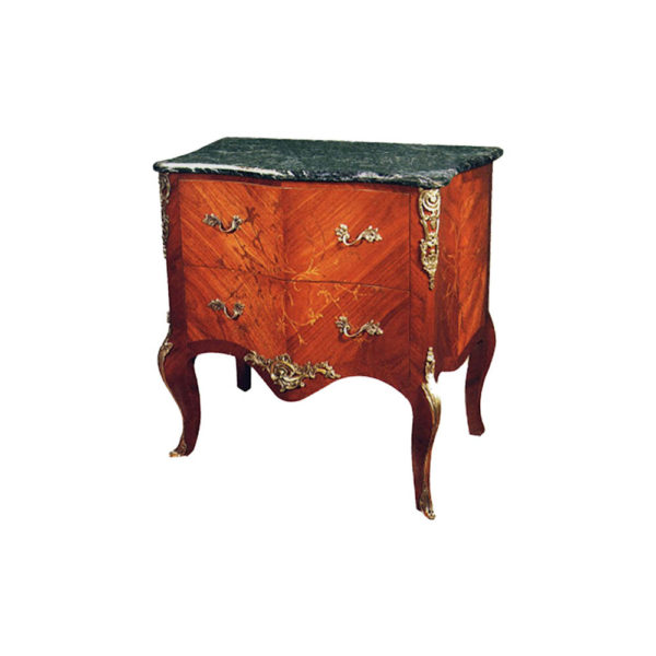 Wooden Chest of Drawers with Hand Carved Marquetry Veneer Inlay and Marble Top