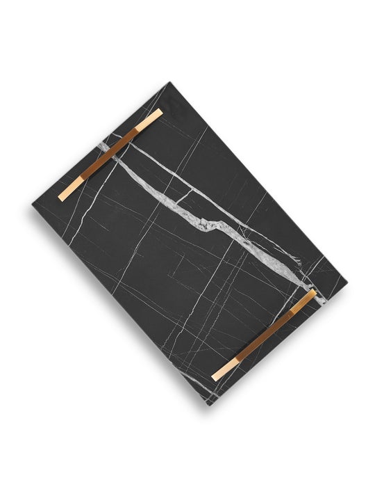 Black Glossy Marble Rectangle Tray-Cafe Gold-Large
