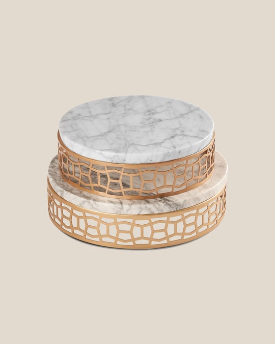 Gold Round Stainless Steel Serving Tray-White Marble Top