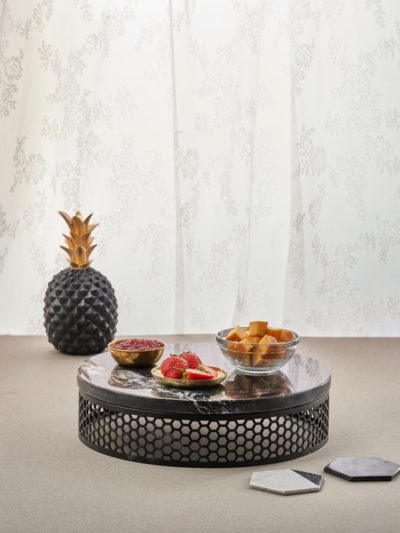 Marble Round Black Tray With Stainless Base-Black Marble Top