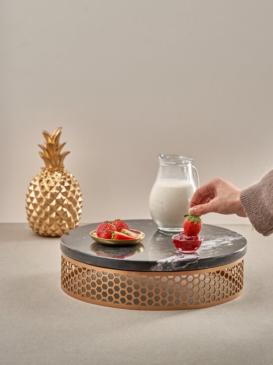 Marble Round Gold Tray With Stainless Base-Black Marble Top
