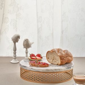 Marble Round Gold Tray With Stainless Base-White Marble Top