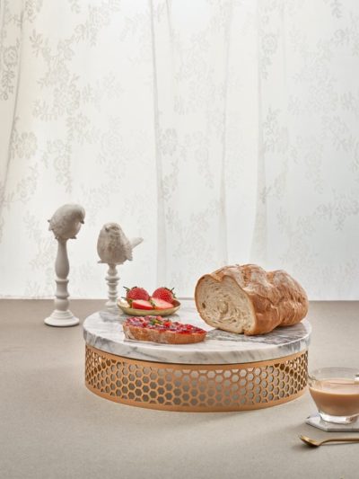 Marble Round Gold Tray With Stainless Base-White Marble Top