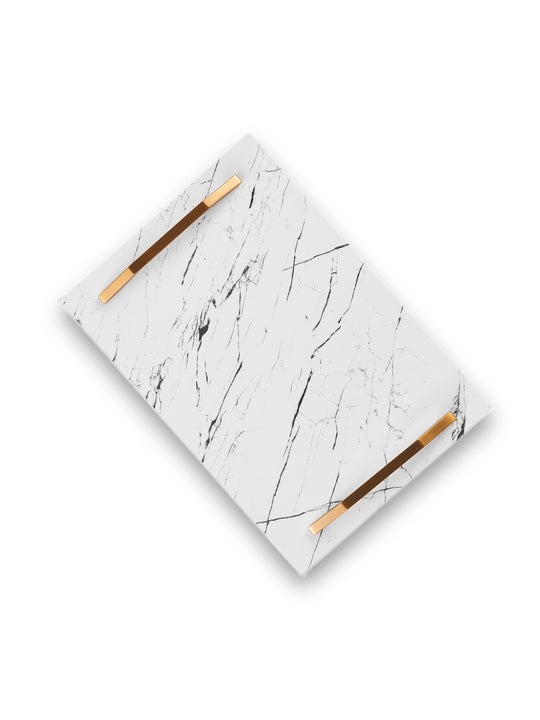 Marble White Tray With Handles-Cafe Gold-Large
